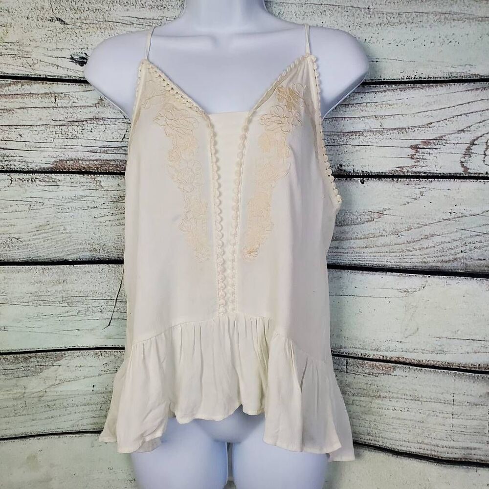 Eyeshadow Women’s Small Ivory Cream Embroidered Spaghetti Strap Tank Top